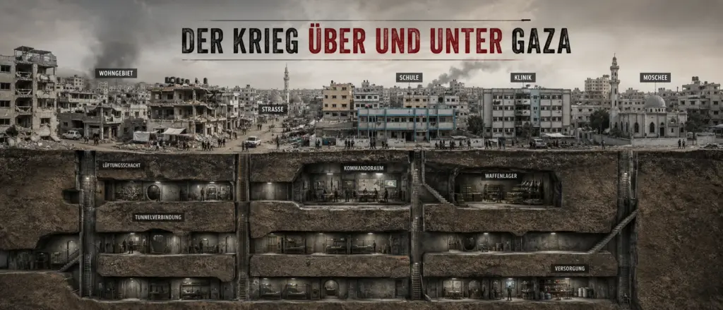 Technische Schnittdarstellung eines zerstörten Stadtviertels im Gazastreifen über einem mehrstöckigen Tunnelsystem mit Schächten, Kommandoraum und Waffenlager