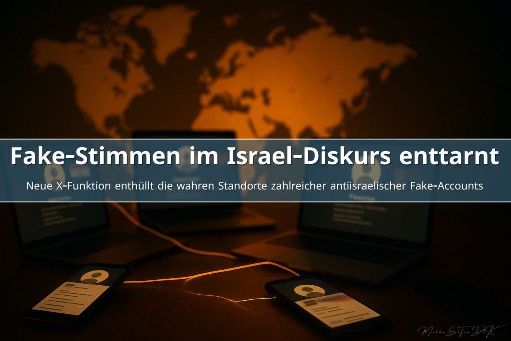 Anonyme Social-Media-Profile auf Smartphones und Laptops, vernetzt durch leuchtende Linien, vor einer warm beleuchteten Weltkarte – Symbol für globale Fake-Accounts und Desinformation über Israel.