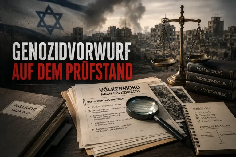 Der Genozidvorwurf gegen Israel - Fakten, Widersprüche und unbequeme Fragen 13 Waage der Gerechtigkeit, Rechtsdokumente und Lupe vor zerstörter Stadtkulisse mit israelischer Flagge