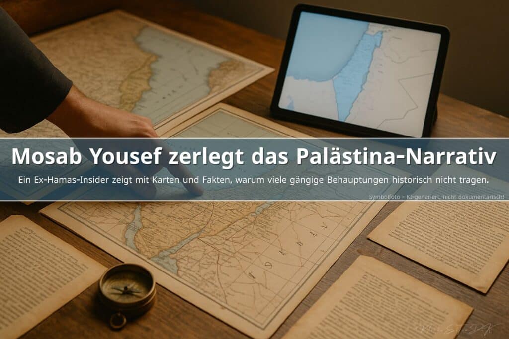 Historische Karten des Nahen Ostens mit Hand und Kompass neben moderner Israel-Karte auf Tablet