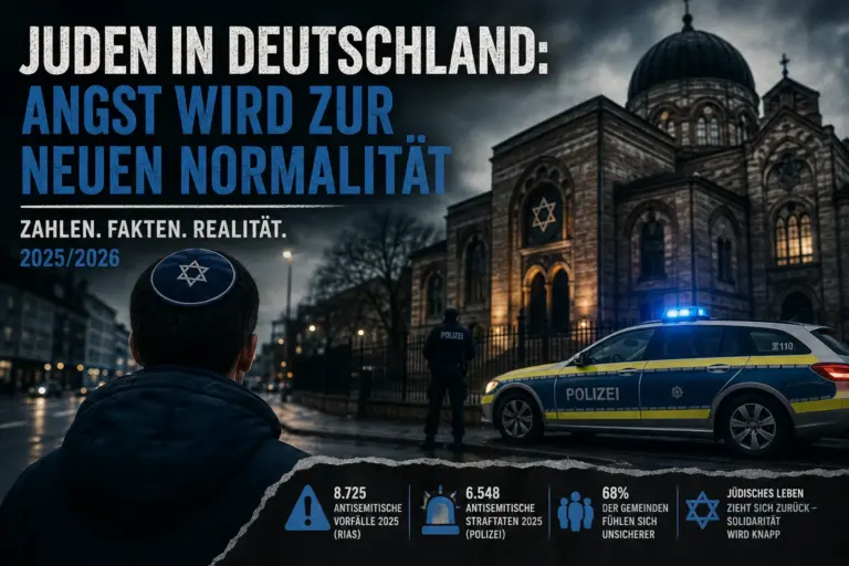 Jüdischer Mann vor bewachter Synagoge mit Polizeifahrzeug und aktuellen Antisemitismuszahlen
