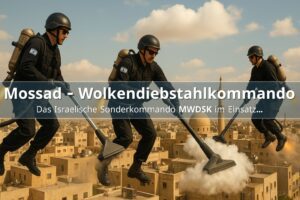 Israel Wettermanipulation: Irans absurde Wolken-Verschwörung gegen Israel 1 Drei Agenten in schwarzer Ausrüstung fliegen mit Jetpacks über einer nahöstlichen Stadt und saugen humorvoll Wolken mit großen Staubsaugern ein; satirische Darstellung des behaupteten „Wolkendiebstahls“.