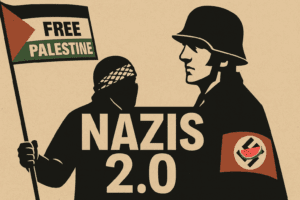 Nazis 2.0: Wenn Antifaschisten gegen Israel marschieren 1 Illustration zeigt einen vermummten pro-palästinensischen Demonstranten mit Free-Palestine-Flagge gegenüber einer Figur im NS-Stil. In der Mitte steht der Schriftzug Nazis 2.0 als Kritik an modernem Judenhass.