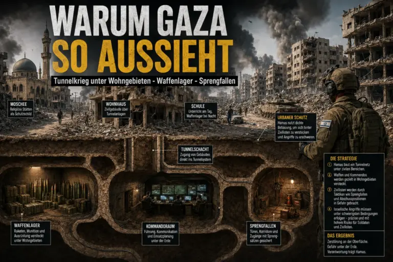 Tunnelkrieg Gaza: Warum die Zerstörung so massiv ist 4 Zerstörtes Stadtviertel im Gazastreifen über einem Tunnelsystem mit Waffenlager, Kommandoraum und Sprengfallen
