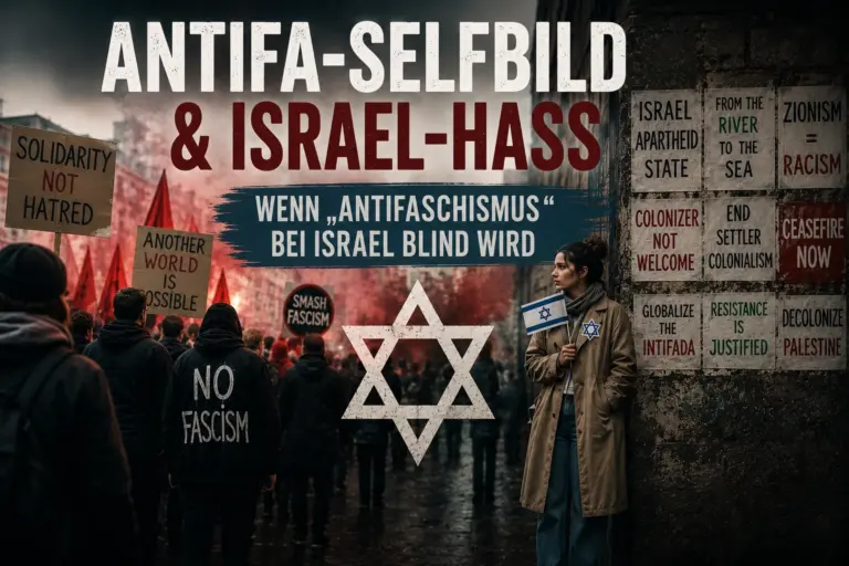 Linke Demonstration mit antifaschistischen Parolen, antiisraelischen Plakaten und einer isolierten Frau mit Israel-Flagge