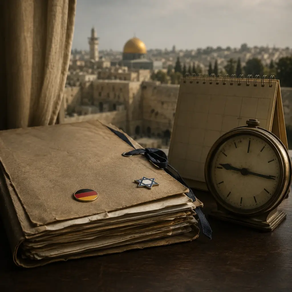 Alte diplomatische Akte mit deutschen und israelischen Symbolen, stillstehender Uhr und Jerusalem im Hintergrund