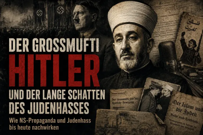 Symbolische historische KI-Montage zum Großmufti, Hitler, NS-Propaganda und dem Fortwirken antisemitischer Ideologie