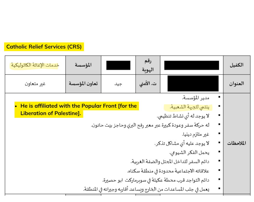 Hamas Kontrolle über NGOs in Gaza - Analyse der Einflussstrukturen 11 Hamas-Dokument über einen Mitarbeiter von Catholic Relief Services, der laut Sicherheitsakte der PFLP angehört