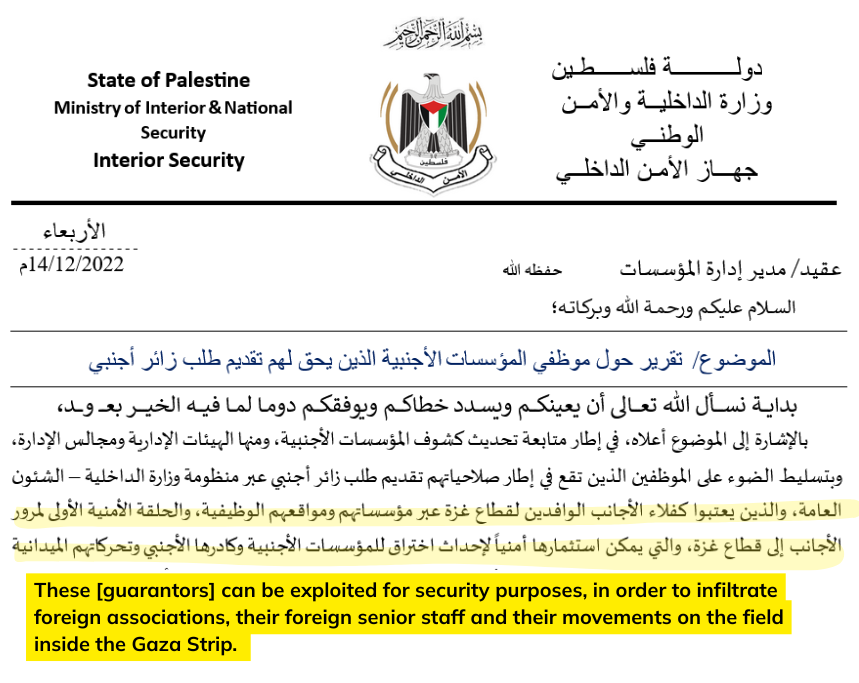 Hamas Kontrolle über NGOs in Gaza - Analyse der Einflussstrukturen 10 Hamas-Dokument beschreibt, wie sogenannte Garanten genutzt werden, um internationale NGOs und deren ausländisches Personal im Gazastreifen zu infiltrieren und zu überwachen