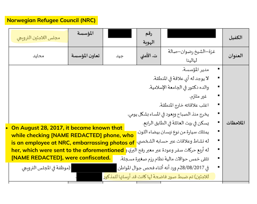 Hamas Kontrolle über NGOs in Gaza - Analyse der Einflussstrukturen 8 Hamas-internes Dokument über einen Mitarbeiter des Norwegian Refugee Council, das einen Vorfall mit konfiszierten Fotos auf einem Mobiltelefon beschreibt