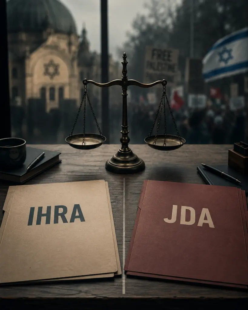 IHRA und JDA - Zwei Definitionen, zwei politische Grenzziehungen Zwei Mappen mit den Kürzeln IHRA und JDA liegen auf einem Schreibtisch neben einer Waage als Symbol für konkurrierende Antisemitismusdefinitionen