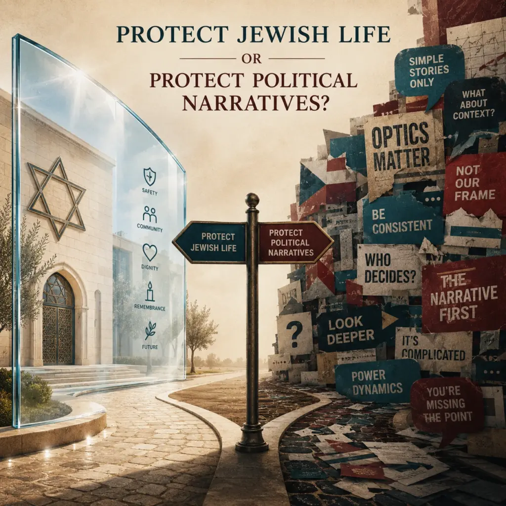 Jüdisches Leben schützen oder politische Narrative schützen? Symbolische Komposition mit Synagoge, schützender Glasfläche, Weggabelung und politischen Schlagworten zur Frage nach dem Schutz jüdischen Lebens