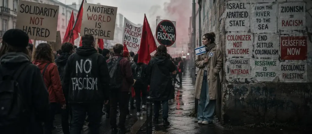 Antifaschistisches Selbstbild und israelbezogener Antisemitismus Linke Demonstration mit antifaschistischen Plakaten, während eine Frau mit Israel-Flagge isoliert neben antiisraelischen Parolen steht