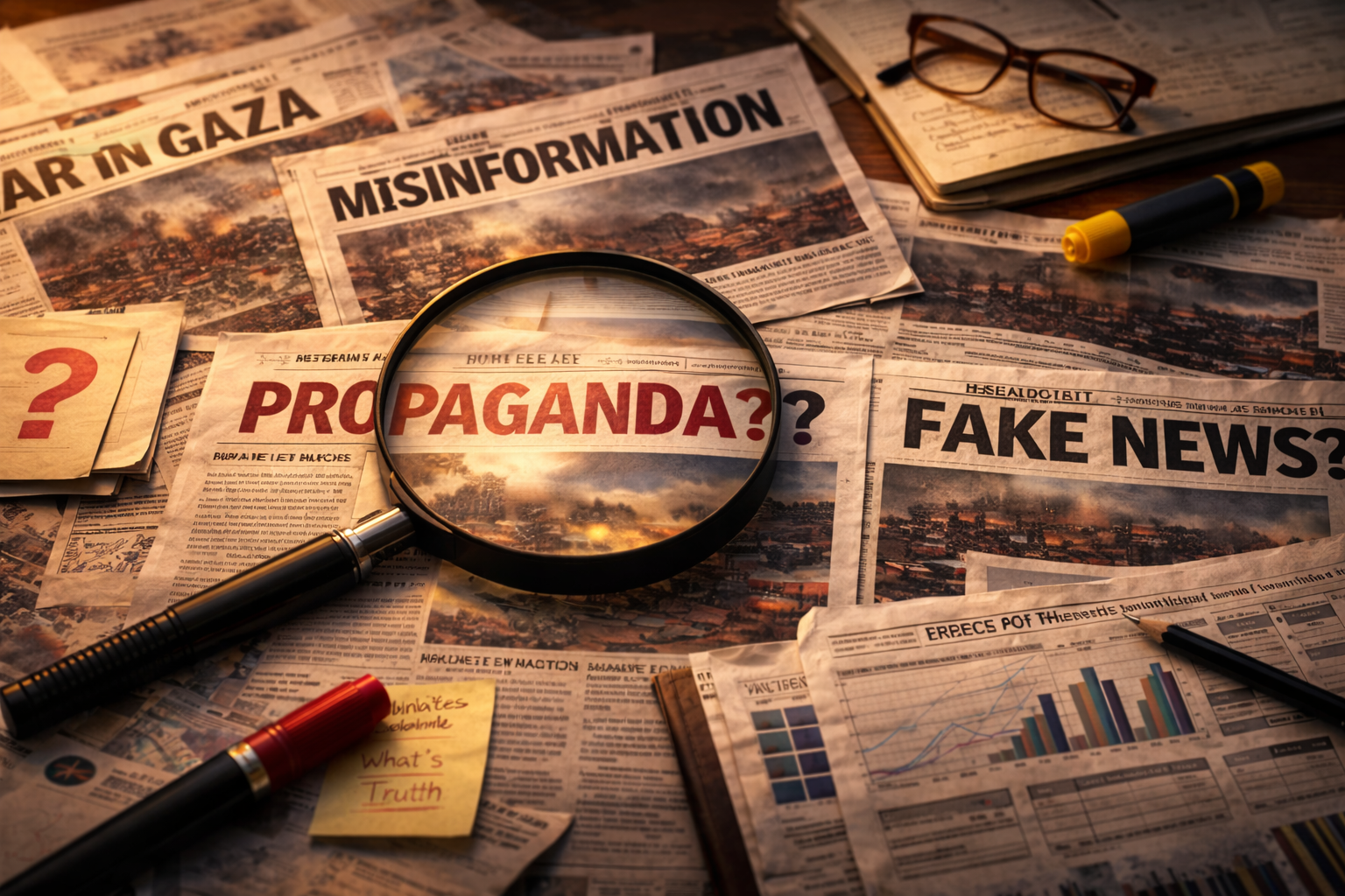 Medienmanipulation im Nahostkonflikt: Wie Manipulation Israel zum Täter macht 1 Zeitungsartikel mit Schlagworten wie Propaganda, Fake News, Misinformation und Gaza, darüber eine Lupe als Symbol für Medienanalyse und Faktenprüfung