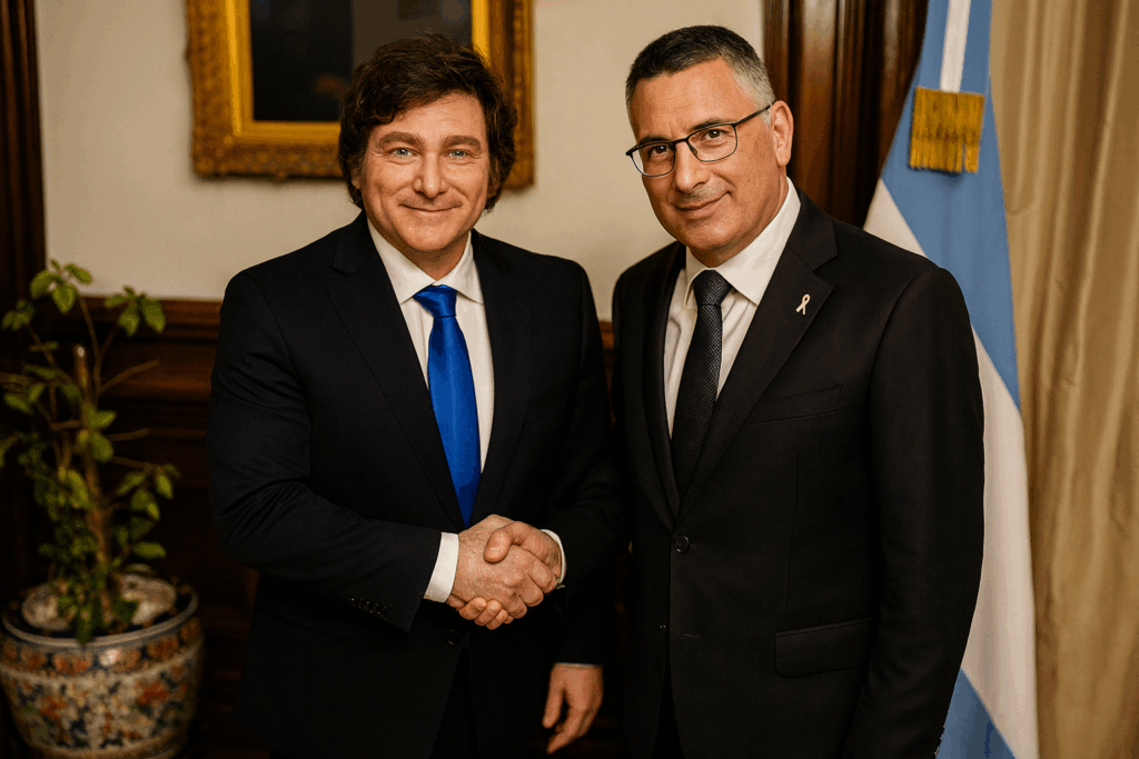 Argentinien Botschaftsverlegung Jerusalem - Mileis pro-israelischer Kurs 1 Argentiniens Präsident Javier Milei und Israels Minister Gideon Sa’ar beim diplomatischen Treffen in Buenos Aires