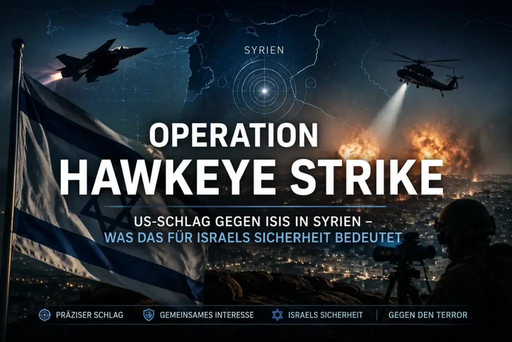 Symbolische Militärmontage mit israelischer Flagge, Kampfflugzeug, Hubschrauber und Angriffsszene über Syrien.