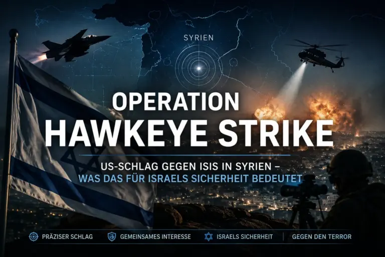 Symbolische Militärmontage mit israelischer Flagge, Kampfflugzeug, Hubschrauber und Angriffsszene über Syrien.