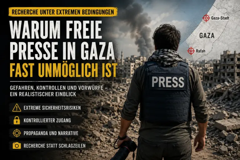 Reporter mit Kamera vor zerstörter Stadtlandschaft und redaktionellen Hinweisen zu Pressezugang und Sicherheitsrisiken in Gaza