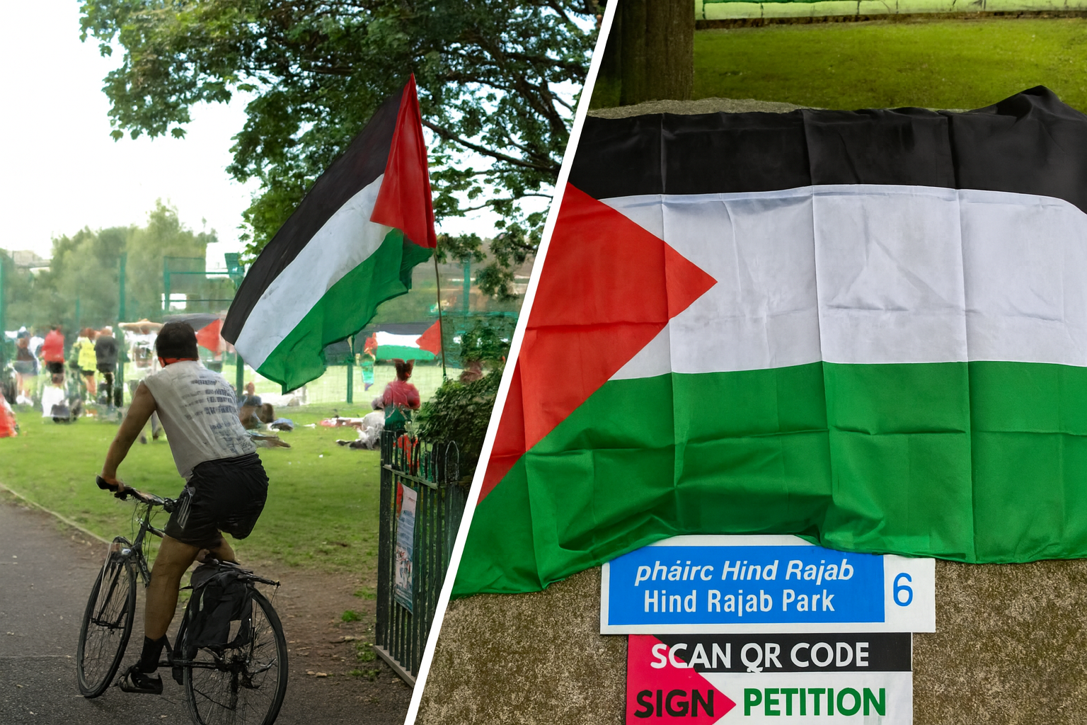 Herzog Park Dublin - Streit um Umbenennung und jüdische Erinnerungskultur 1 Pro-palästinensische Fahnen im Hind Rajab Park während einer Aktion mit Petition