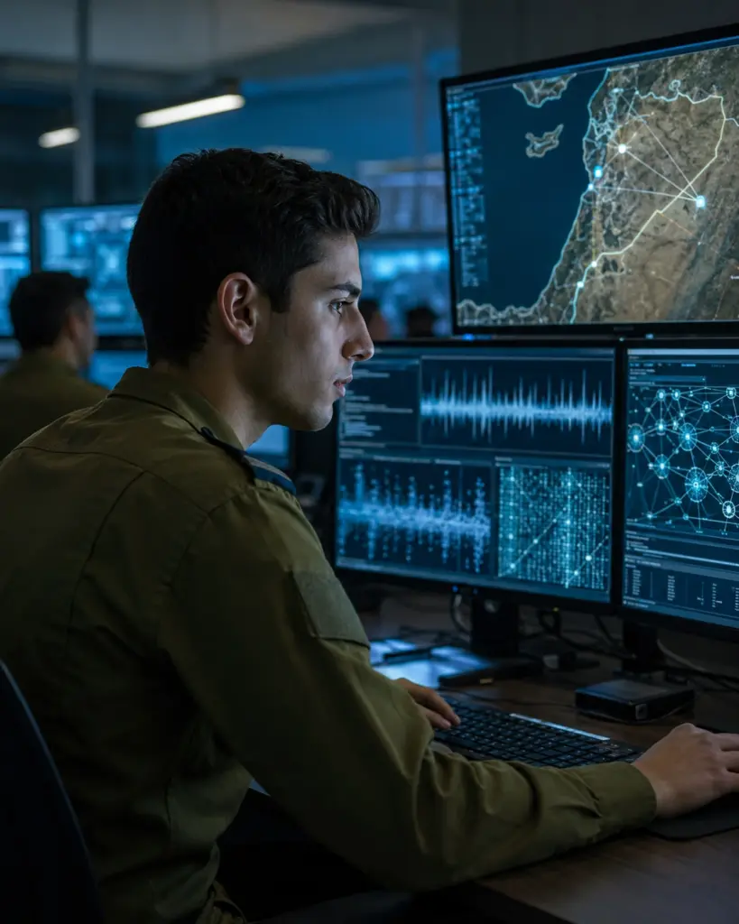 Junger israelischer SIGINT-Analyst in einem modernen Cyber-Operationsraum mit Signalverläufen, Kommunikationsnetzen und regionaler Lagekarte