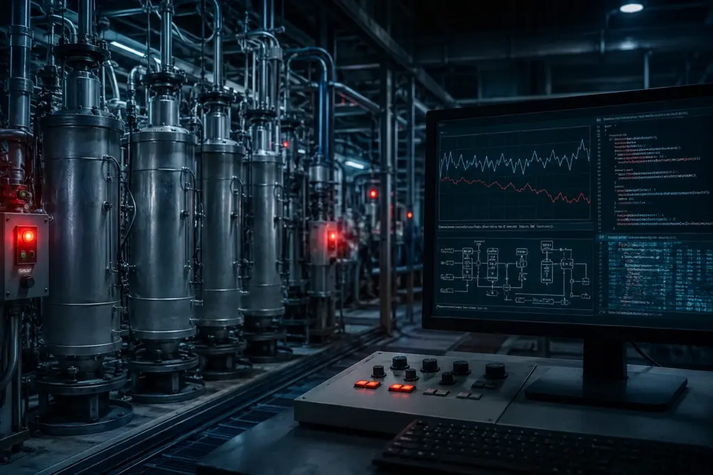 Industrielle Steuerungsanlage mit Zentrifugen, Kontrollmonitor und manipulierten Prozessdaten als Symbol für Stuxnet