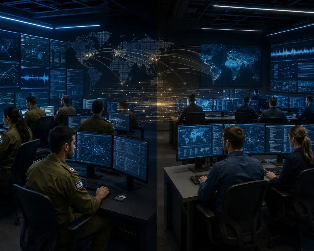 Israelische und amerikanische Analysten in digital verbundenen Nachrichtendienstzentren bei gemeinsamer technischer Aufklärung