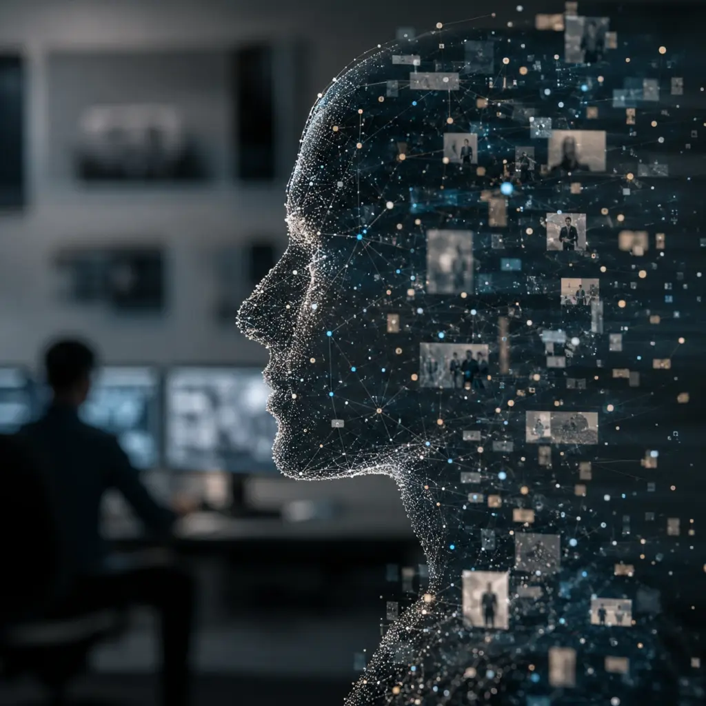 Digitales menschliches Profil aus Datenpunkten und Kommunikationslinien als Symbol für Überwachung und Privatsphäre