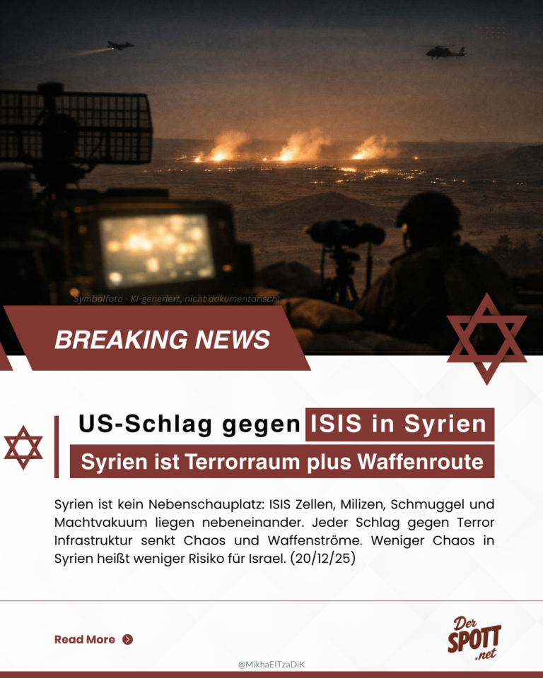 Instagram-News-Card zu US-Schlag gegen ISIS in Syrien, Symbolbild mit Explosionen am Horizont, Flugzeug und Helikopter, Text „US-Schlag gegen ISIS in Syrien“ und „Syrien ist Terrorraum plus Waffenroute“, DerSPOTT.net