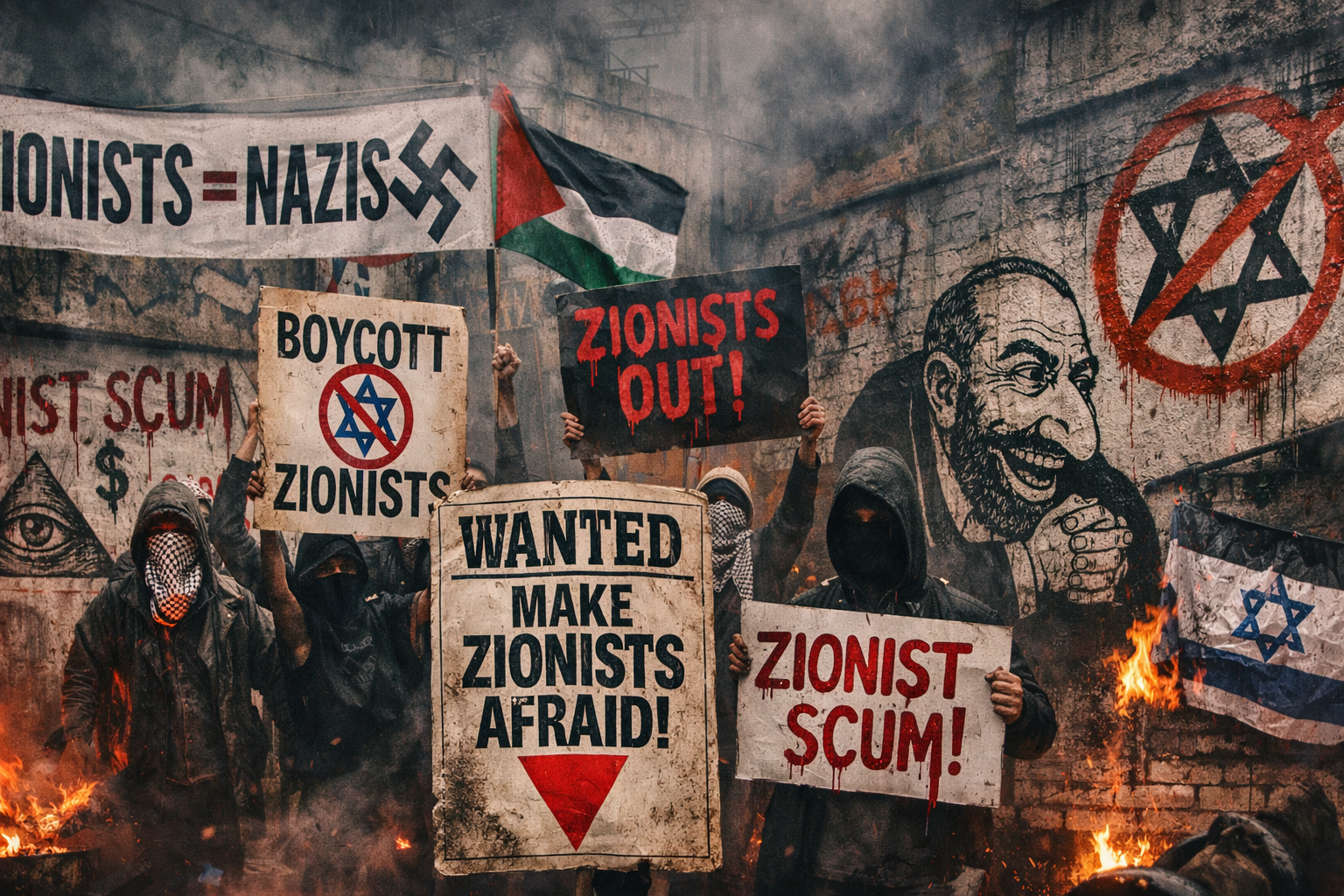 Antizionismus als Deckmantel: Warum „Zionist“ zum Codewort für Judenhass wird 1 Panorama einer Straßenszene mit Demonstranten, aggressiven anti-zionistischen Parolen, rotem Dreieck, Rauch und Einschüchterungsoptik