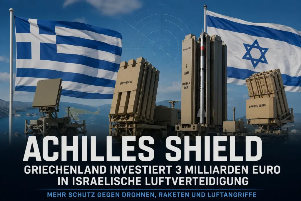 Griechische und israelische Flagge vor modernen Luftverteidigungssystemen als Symbol für das Verteidigungsprogramm Achilles Shield.
