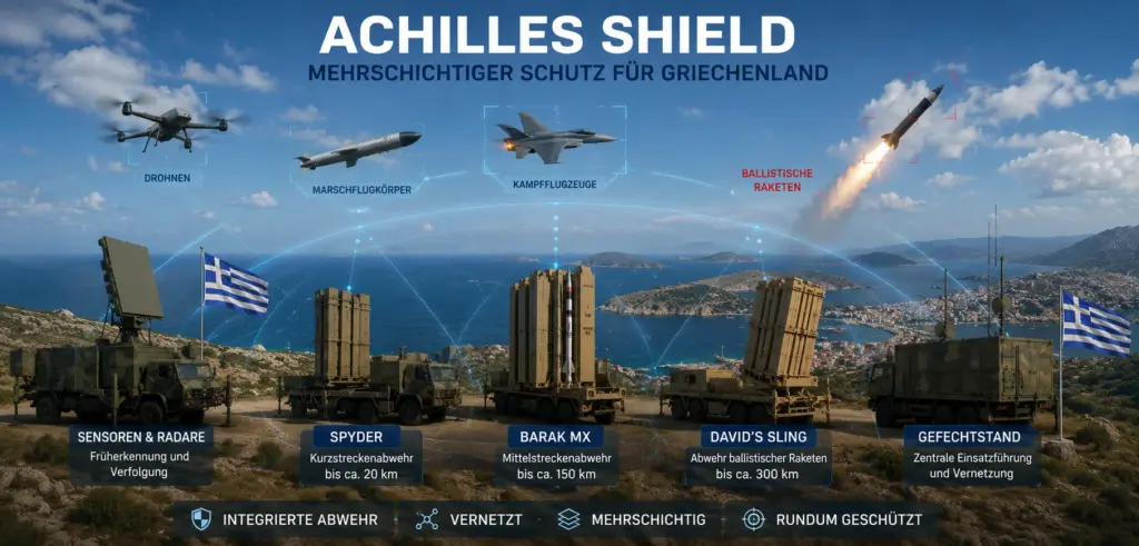 Symbolische Infografik zum mehrschichtigen Verteidigungsprogramm Achilles Shield mit Radar, SPYDER, BARAK MX und David’s Sling vor einer griechischen Küstenlandschaft.