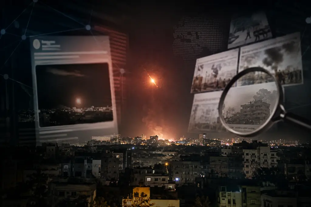 Al-Ahli-Krankenhaus: Die Schlagzeile war schneller als die Wahrheit 1 Nächtliche Skyline von Gaza mit leuchtendem Flugkörper, eingeblendeten Nachrichtendarstellungen und Lupe als Symbol für die Prüfung der Al-Ahli-Berichterstattung