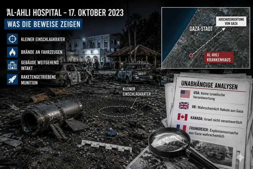 Al-Ahli-Krankenhaus: Die Schlagzeile war schneller als die Wahrheit 2 Symbolische Infografik zum Al-Ahli-Krankenhaus mit beschädigten Fahrzeugen, markiertem Einschlagbereich, Gaza-Karte und Hinweisen auf internationale Untersuchungen