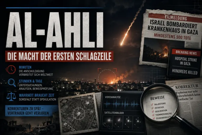Journalistische Montage zur Al-Ahli-Explosion mit nächtlicher Skyline von Gaza, Flugkörper, Eilmeldungen, Videoanalyse und späterer Korrektur