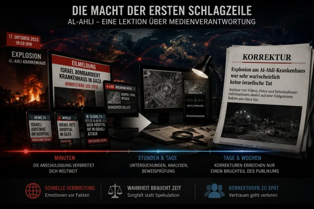 Al-Ahli-Krankenhaus: Die Schlagzeile war schneller als die Wahrheit 3 Symbolische Infografik zur Al-Ahli-Berichterstattung mit Eilmeldungen, weltweiter Verbreitung, späterer Analyse und deutlich kleiner dargestellter Korrektur