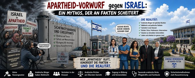 Infografik zum Apartheid-Vorwurf gegen Israel mit Gegenüberstellung von Behauptungen und überprüfbaren Fakten über Bürgerrechte, politische Teilhabe und Sicherheitsmaßnahmen