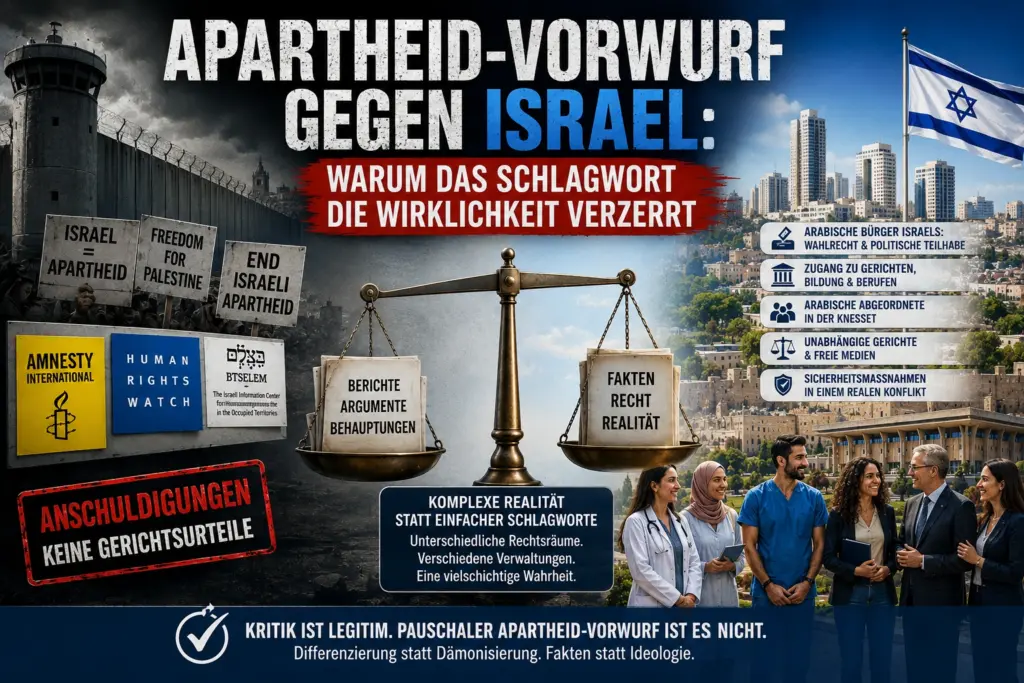 Titelbild zum Apartheid-Vorwurf gegen Israel mit NGOs, Protestschildern, einer Waage sowie arabischen und jüdischen Bürgern vor der Knesset