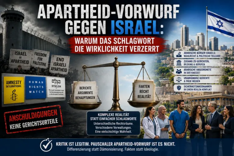 Titelbild zum Apartheid-Vorwurf gegen Israel mit NGOs, Protestschildern, einer Waage sowie arabischen und jüdischen Bürgern vor der Knesset