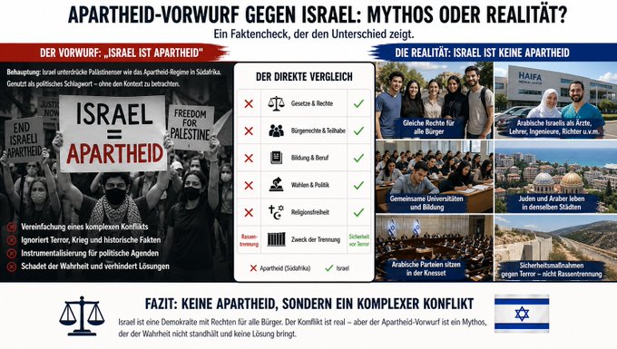 Infografik zum Apartheid-Vorwurf gegen Israel mit Vergleich zwischen südafrikanischer Rassentrennung und den Rechten arabischer Bürger Israels