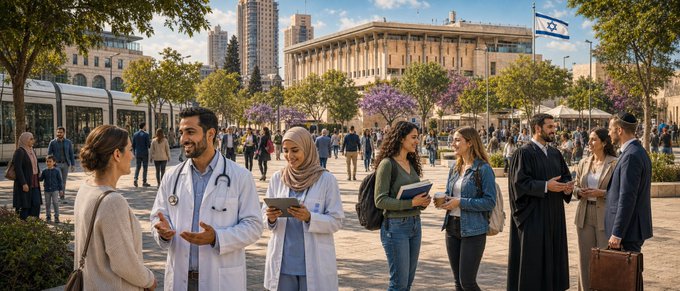 Arabische und jüdische Bürger Israels vor der Knesset, darunter Ärzte, Studenten und Angehörige verschiedener Religionsgemeinschaften