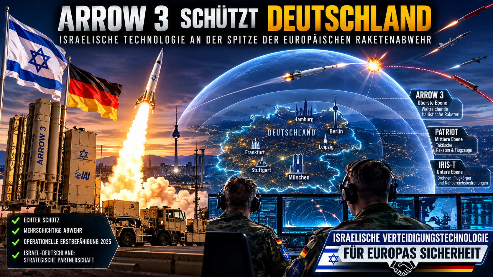 Israelische Verteidigungstechnologie für Europas Sicherheit 1 Arrow 3 schützt Deutschland vor ballistischen Raketen und ergänzt Patriot sowie IRIS-T in der mehrschichtigen Luftverteidigung