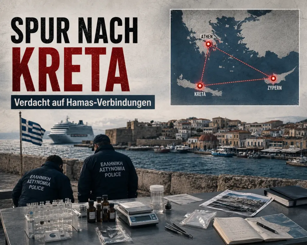 Hamas in Europa: Waffen, Netzwerke und Anschlagsverdacht 2 Griechische Polizeibeamte an einem Hafen auf Kreta mit Europakarte, Laborausrüstung und einem Kreuzfahrtschiff im Hintergrund