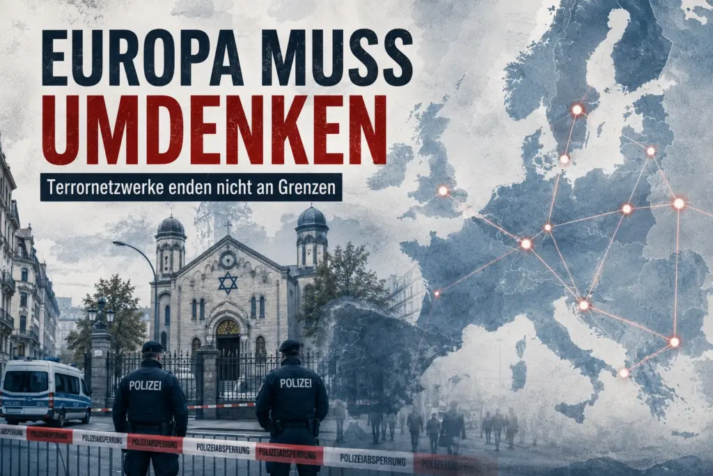Hamas in Europa: Waffen, Netzwerke und Anschlagsverdacht 3 Bewachte Synagoge mit Polizeibeamten und einer Europakarte, auf der grenzüberschreitende Verbindungen markiert sind