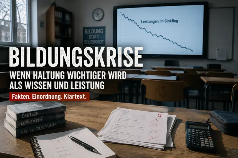Leerer Klassenraum mit sinkender Leistungskurve, Schulbüchern und korrigierter Prüfung zur deutschen Bildungskrise