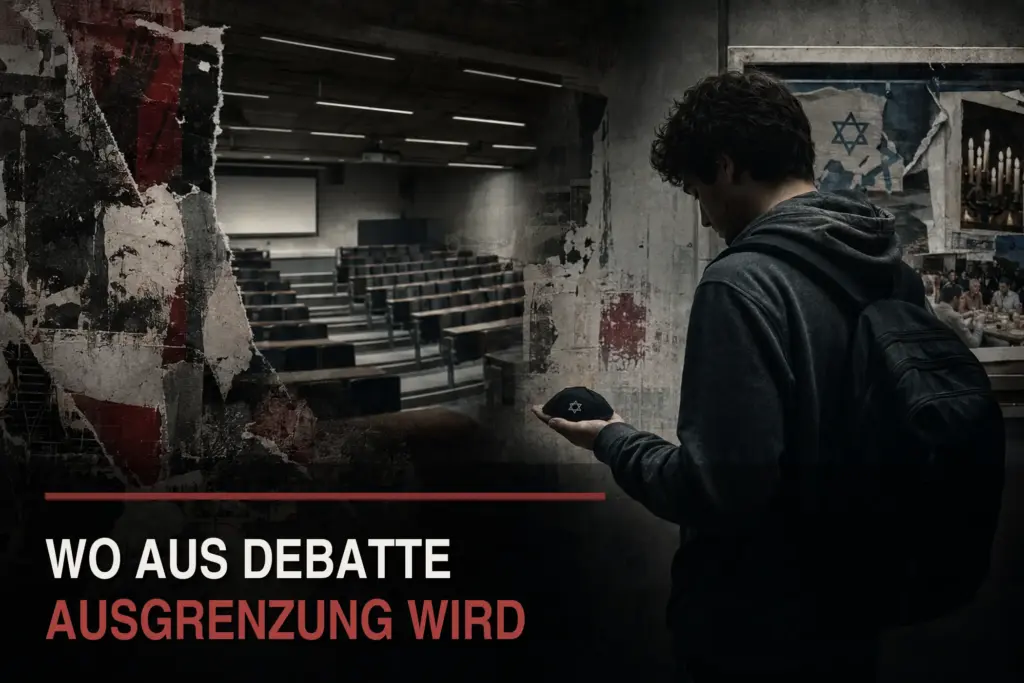 Jüdischer Student hält seine Kippa in der Hand vor einem halbleeren Hörsaal mit überklebten Protestplakaten