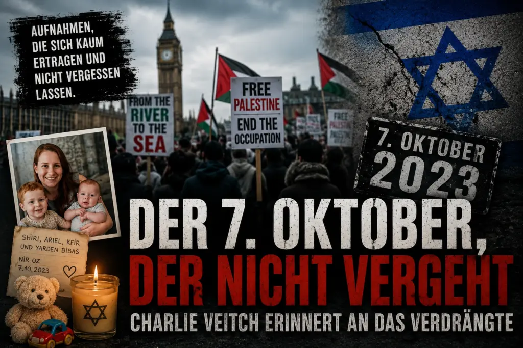 Magazinartige KI-Montage mit Londoner Protestszene, israelischer Flagge, Gedenkkerze, Teddybär und symbolischem Familienfoto zur Erinnerung an den 7. Oktober 2023