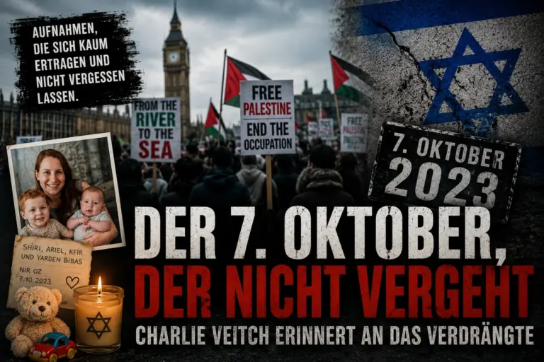 Magazinartige KI-Montage mit Londoner Protestszene, israelischer Flagge, Gedenkkerze, Teddybär und symbolischem Familienfoto zur Erinnerung an den 7. Oktober 2023