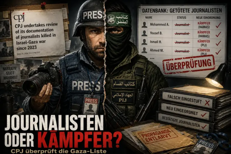 Symbolische Darstellung eines geteilten Journalisten und Hamas-Kämpfers vor einer überprüften CPJ-Datenbank zu getöteten Journalisten im Gaza-Krieg