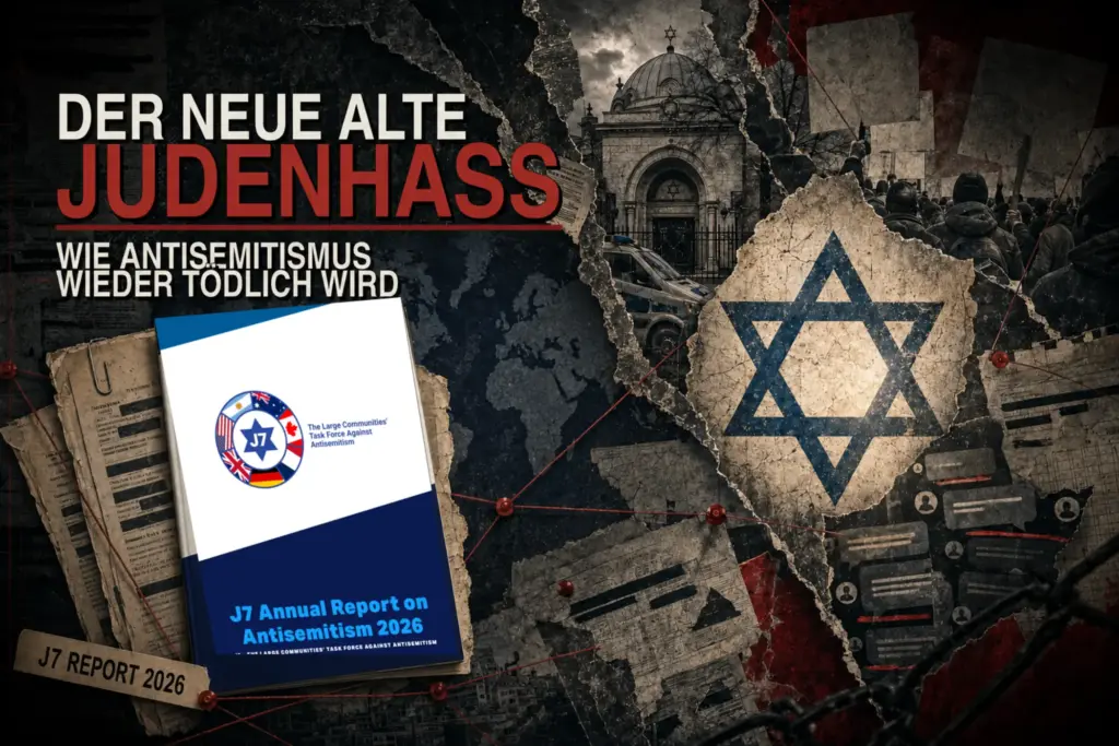 Editorial-Collage über modernen Antisemitismus mit J7 Report 2026, Davidstern, geschützter Synagoge, Protestszene und digitalem Hass