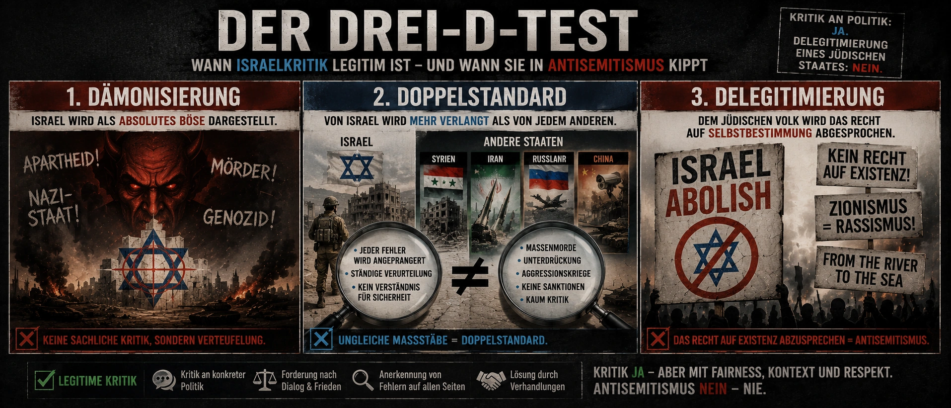 Feindbild Israel: Wie Linksextreme, Islamisten und Rechte zusammenfinden 1 Drei-D-Test zu Israelkritik mit Dämonisierung, Doppelstandard und Delegitimierung